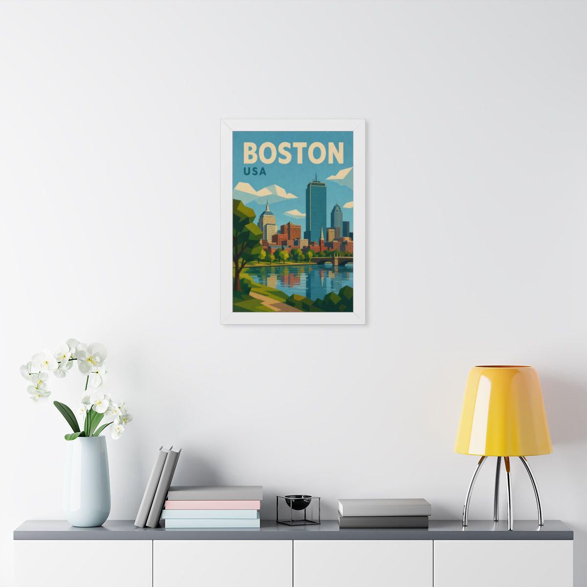 Boston Skyline United States Framed Poster | Vintage Travel Wall Art | Black Walnut White Frame | 16x24 20x30