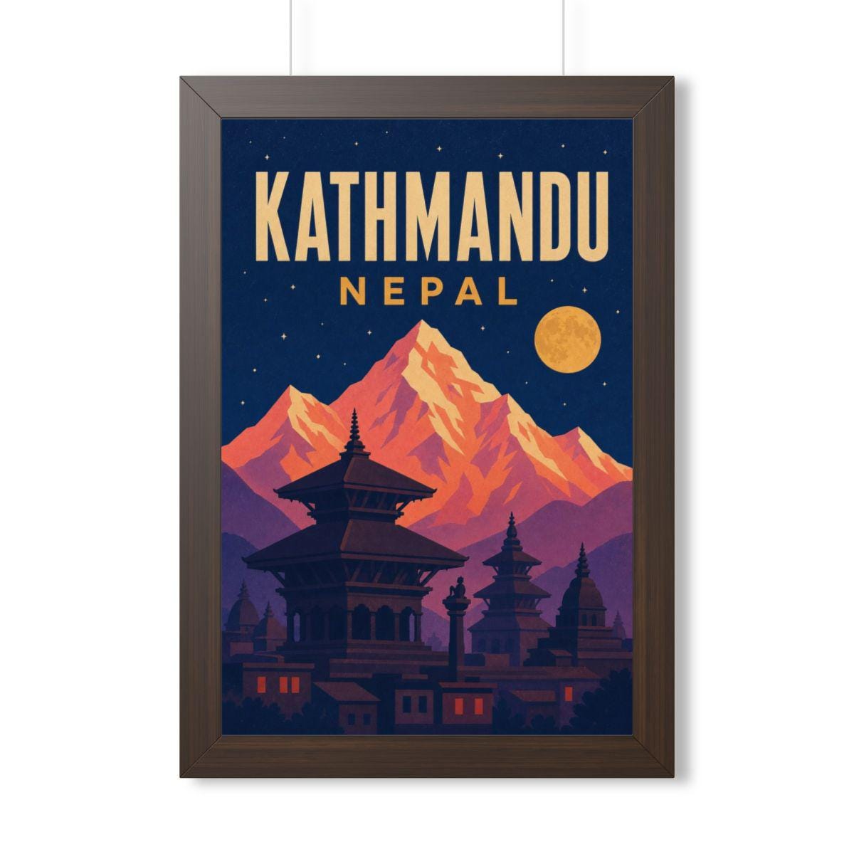 Kathmandu Nepal Framed Poster | Vintage Travel Wall Art | Black Walnut White Frame | 16x24 20x30