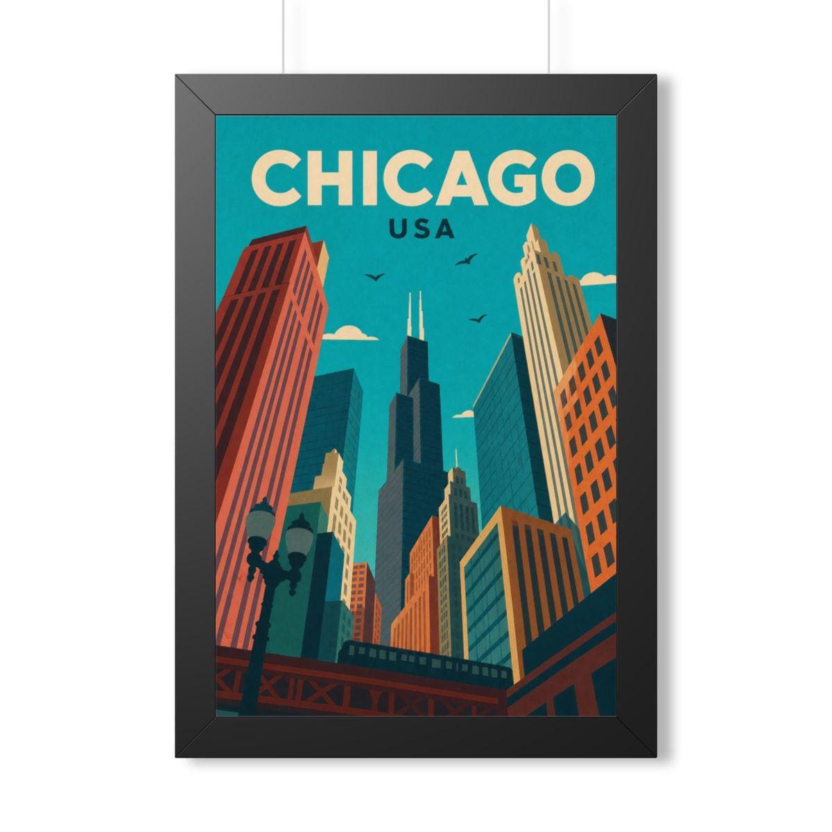 Chicago Downtown United States Framed Poster | Vintage Travel Wall Art | Black Walnut White Frame | 16x24 20x30