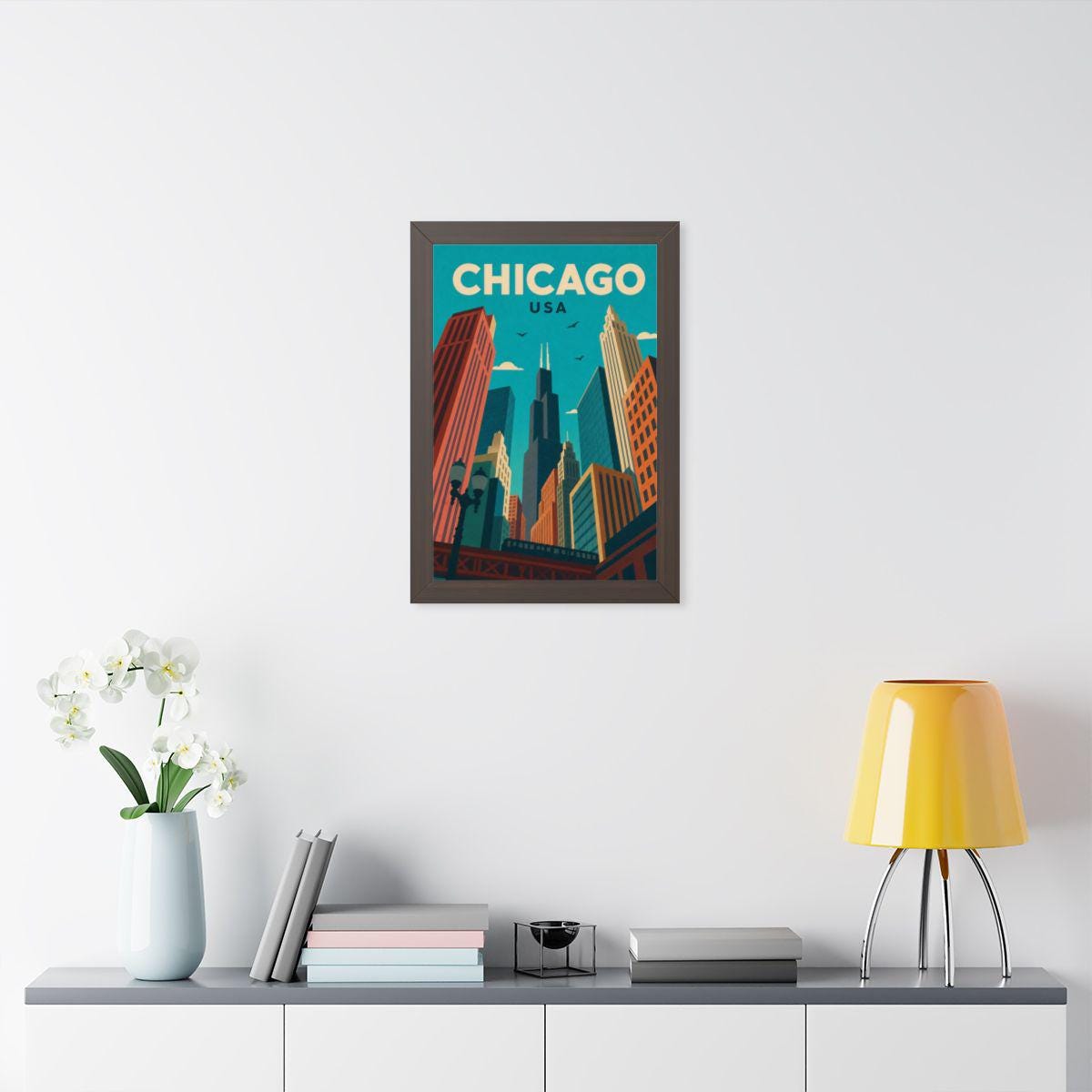 Chicago Downtown United States Framed Poster | Vintage Travel Wall Art | Black Walnut White Frame | 16x24 20x30