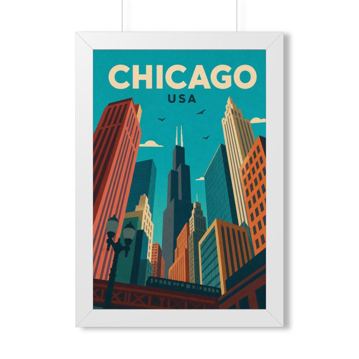 Chicago Downtown United States Framed Poster | Vintage Travel Wall Art | Black Walnut White Frame | 16x24 20x30