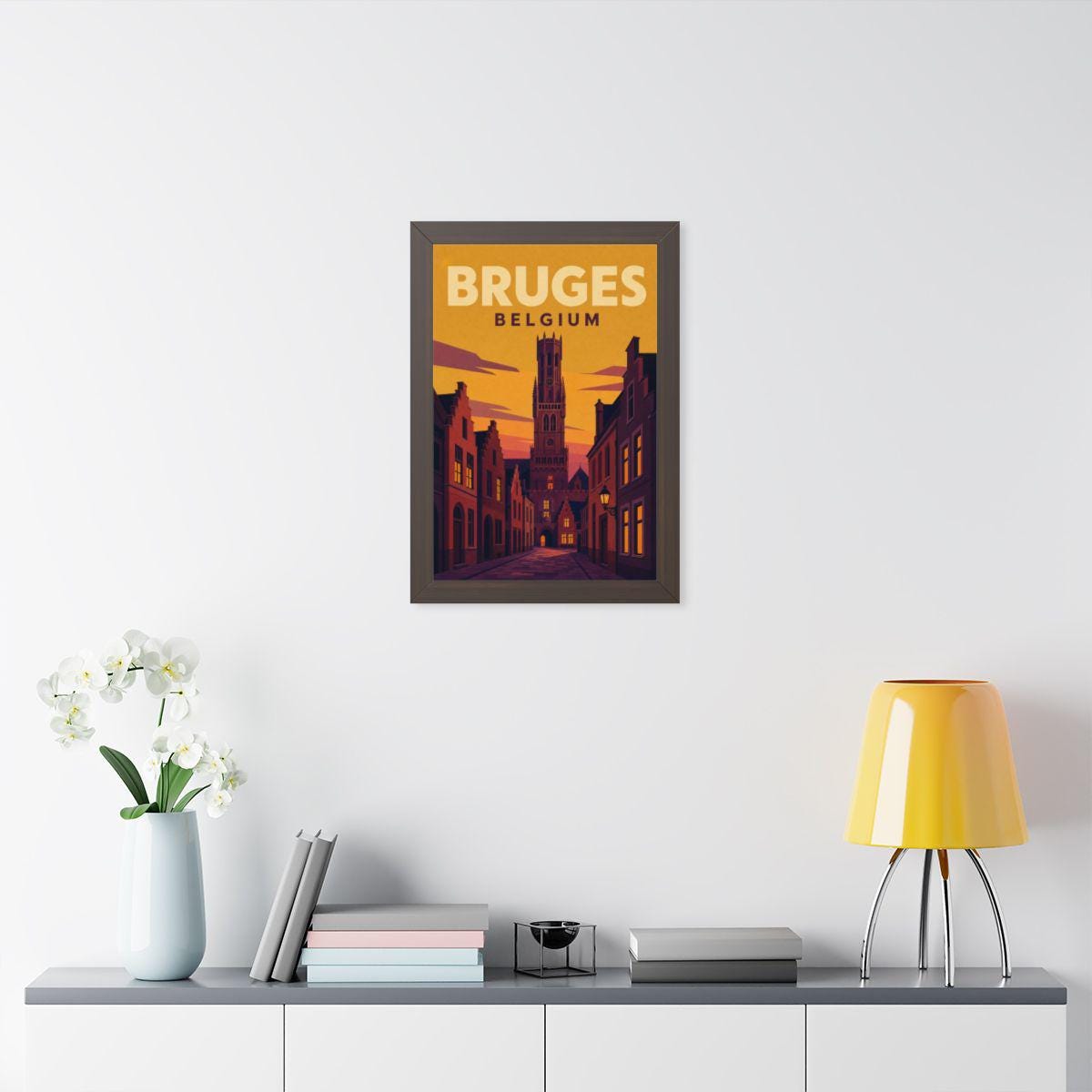 Bruges Belgium Framed Poster | Vintage Travel Wall Art | Black Walnut White Frame | 16x24 20x30