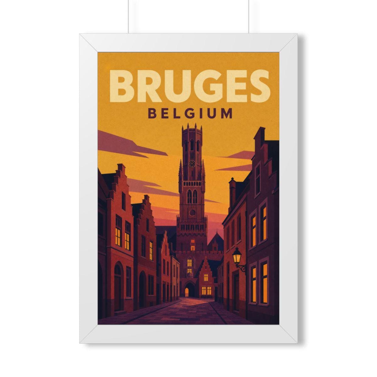 Bruges Belgium Framed Poster | Vintage Travel Wall Art | Black Walnut White Frame | 16x24 20x30