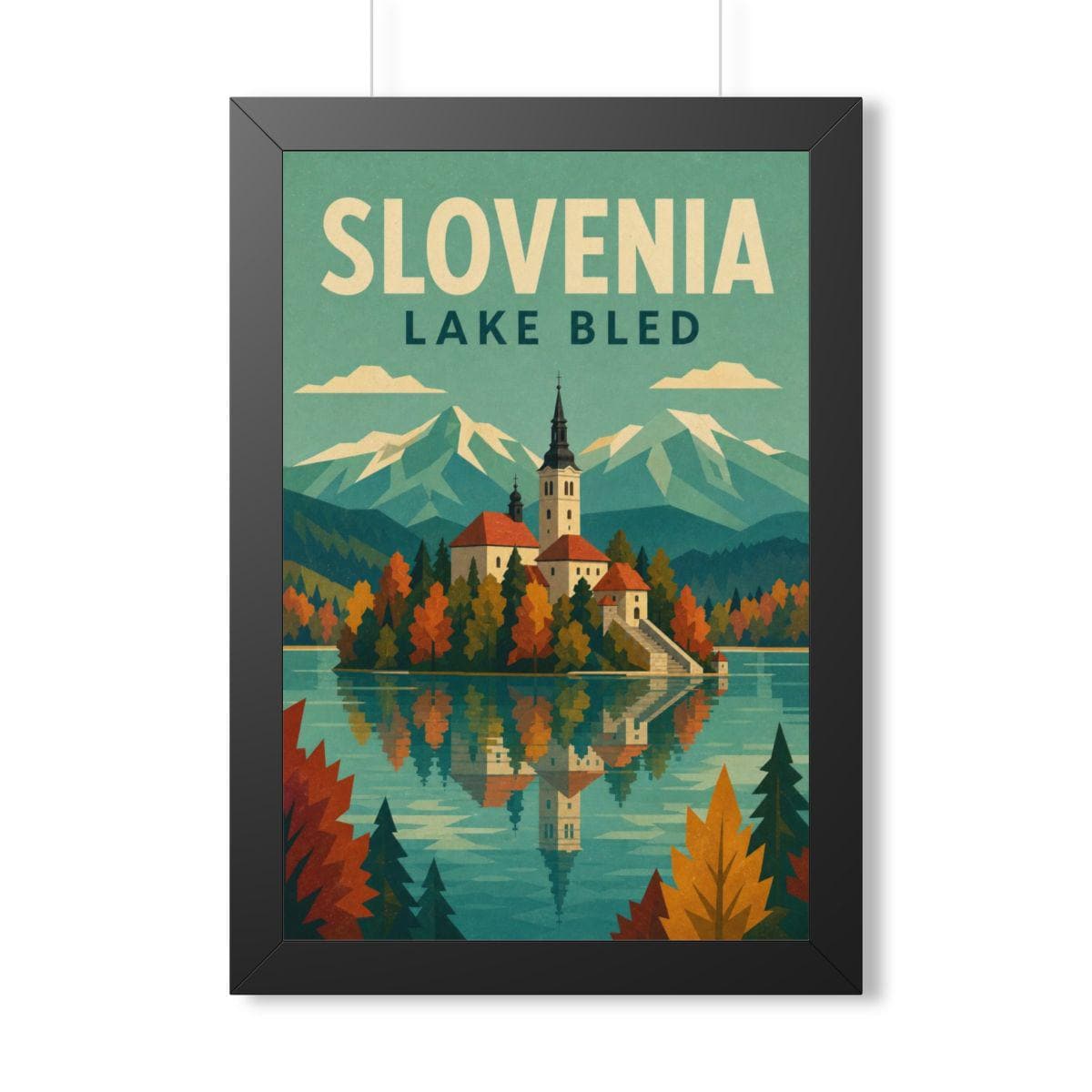 Lake Bled Slovenia Framed Poster | Vintage Travel Wall Art | Black Walnut White Frame | 16x24 20x30