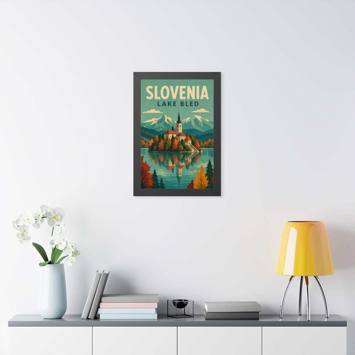 Lake Bled Slovenia Framed Poster | Vintage Travel Wall Art | Black Walnut White Frame | 16x24 20x30