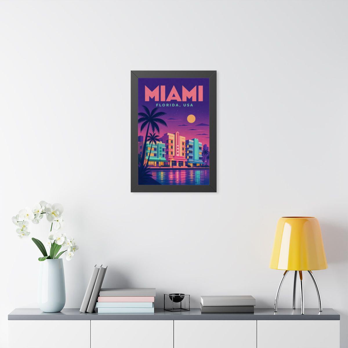 Miami Beach United States Framed Poster | Vintage Travel Wall Art | Black Walnut White Frame | 16x24 20x30