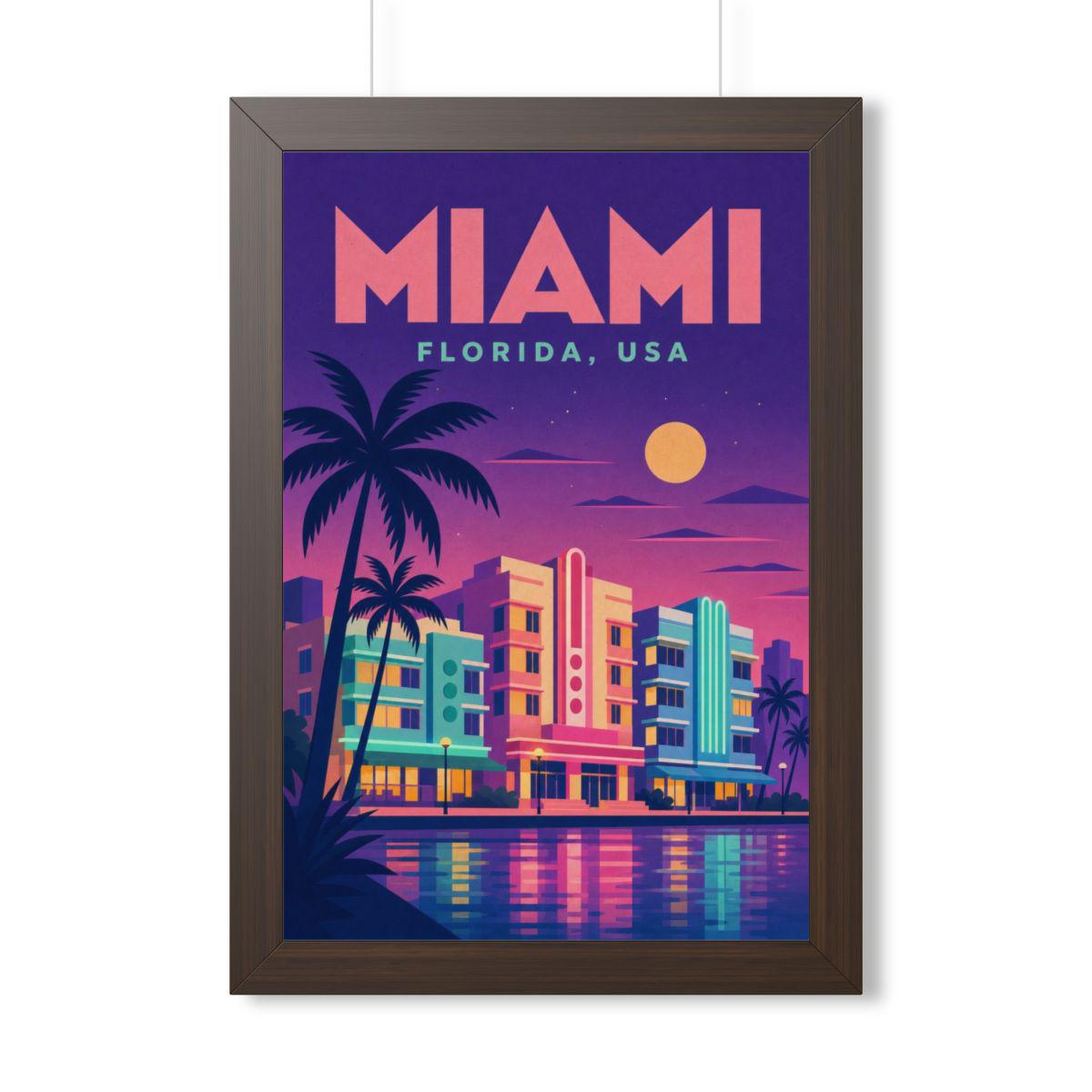Miami Beach United States Framed Poster | Vintage Travel Wall Art | Black Walnut White Frame | 16x24 20x30