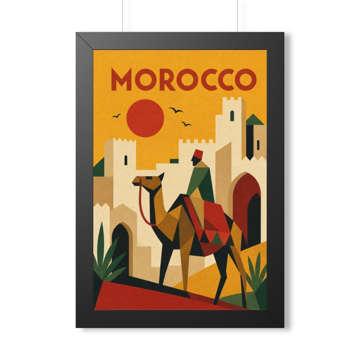 Morocco Camel Morocco Framed Poster | Vintage Travel Wall Art | Black Walnut White Frame | 16x24 20x30