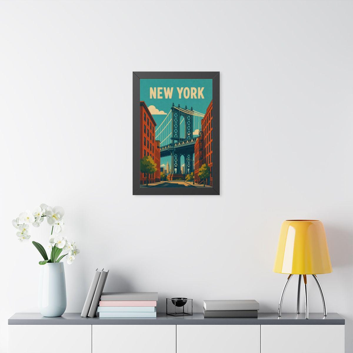 Manhattan Bridge New York United States Framed Poster | Vintage Travel Wall Art | Black Walnut White Frame | 16x24 20x30