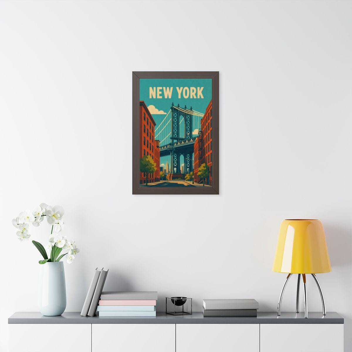Manhattan Bridge New York United States Framed Poster | Vintage Travel Wall Art | Black Walnut White Frame | 16x24 20x30