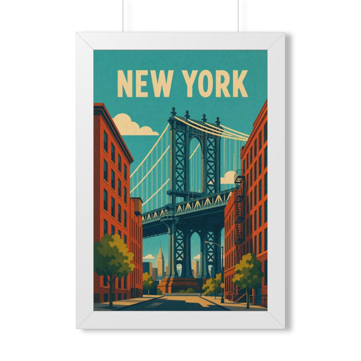 Manhattan Bridge New York United States Framed Poster | Vintage Travel Wall Art | Black Walnut White Frame | 16x24 20x30