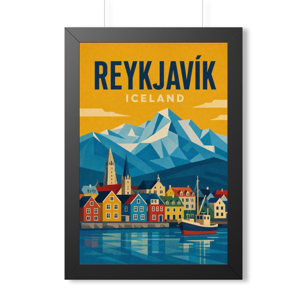 Reykjavík Iceland Framed Poster | Vintage Travel Wall Art | Black Walnut White Frame | 16x24 20x30