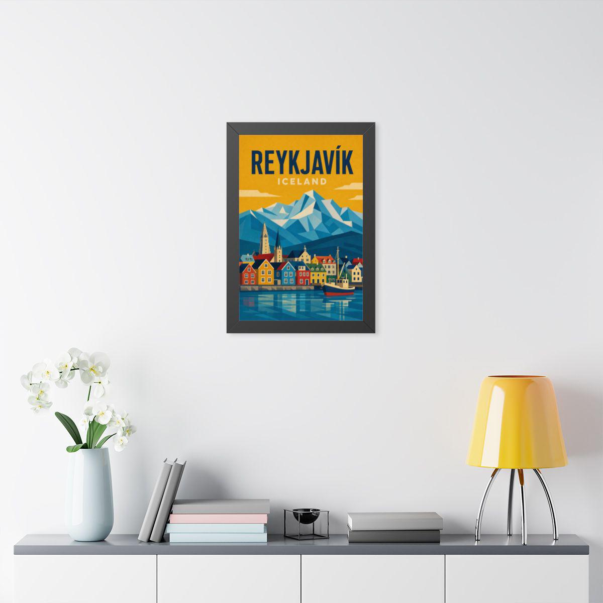 Reykjavík Iceland Framed Poster | Vintage Travel Wall Art | Black Walnut White Frame | 16x24 20x30