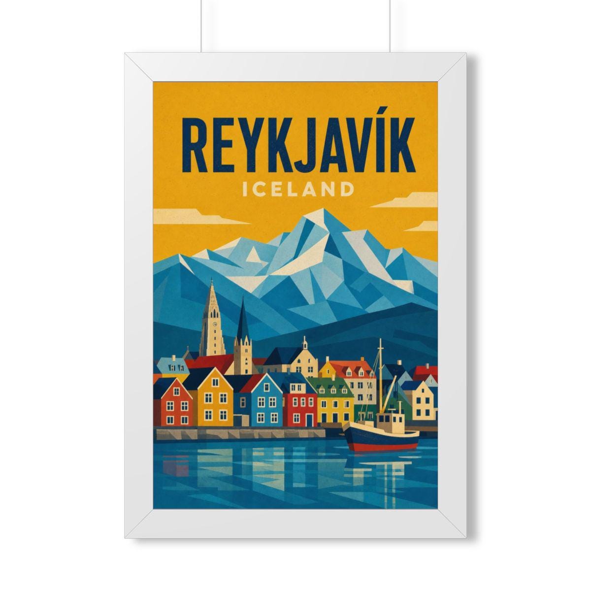 Reykjavík Iceland Framed Poster | Vintage Travel Wall Art | Black Walnut White Frame | 16x24 20x30