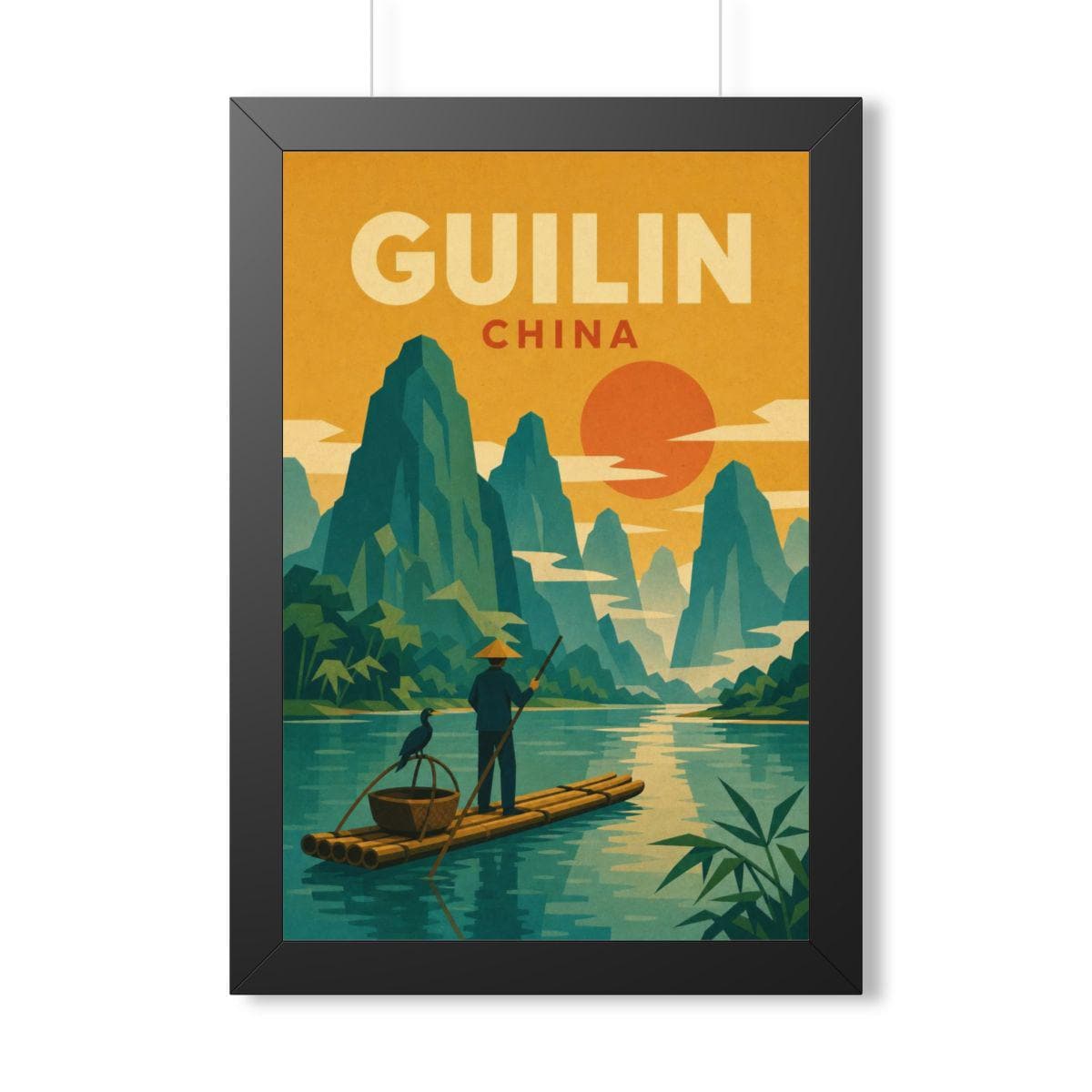 Guilin China Framed Poster | Vintage Travel Wall Art | Black Walnut White Frame | 16x24 20x30