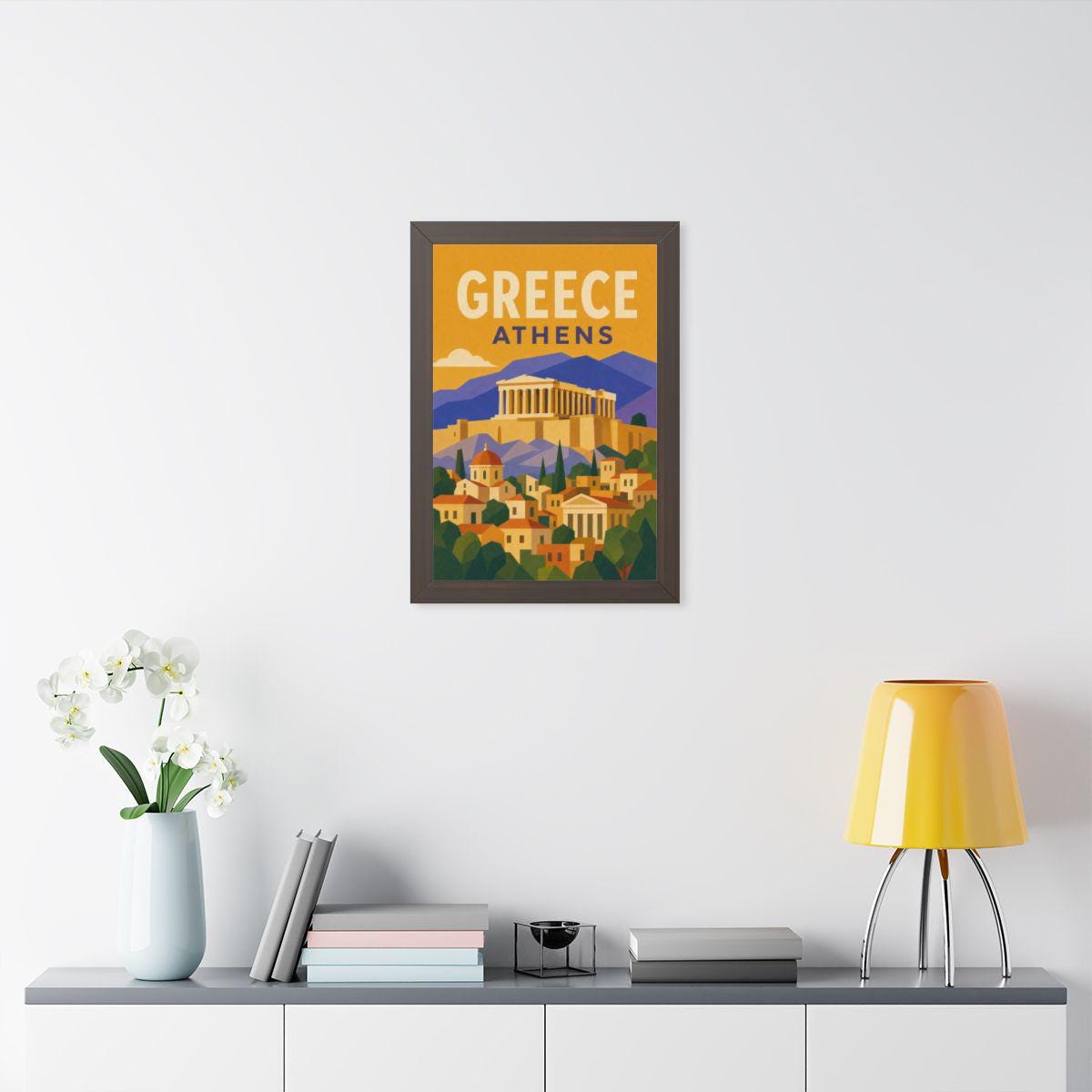 Athens Greece Framed Poster | Vintage Travel Wall Art | Black Walnut White Frame | 16x24 20x30