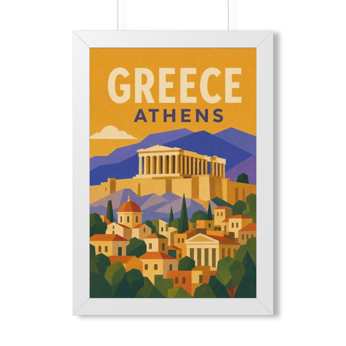Athens Greece Framed Poster | Vintage Travel Wall Art | Black Walnut White Frame | 16x24 20x30
