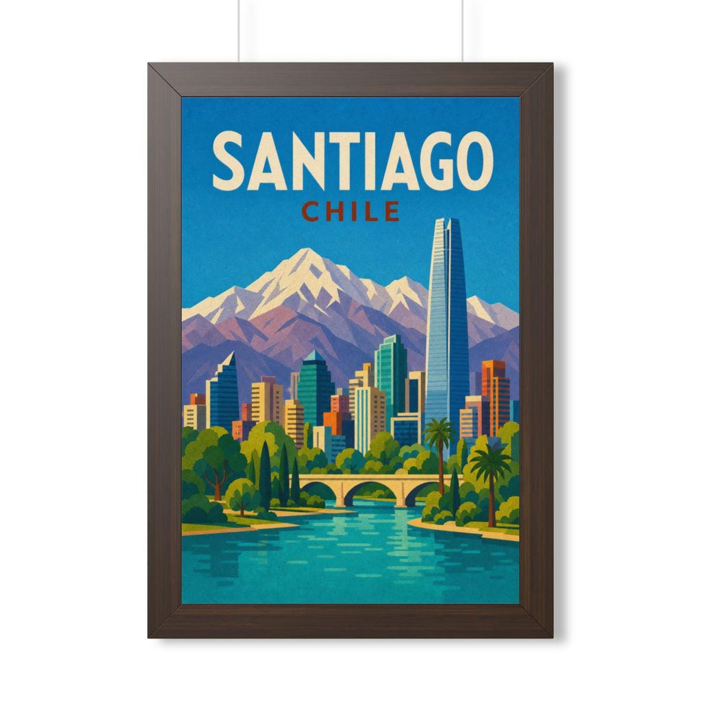 Santiago Chile Framed Poster | Vintage Travel Wall Art | Black Walnut White Frame | 16x24 20x30
