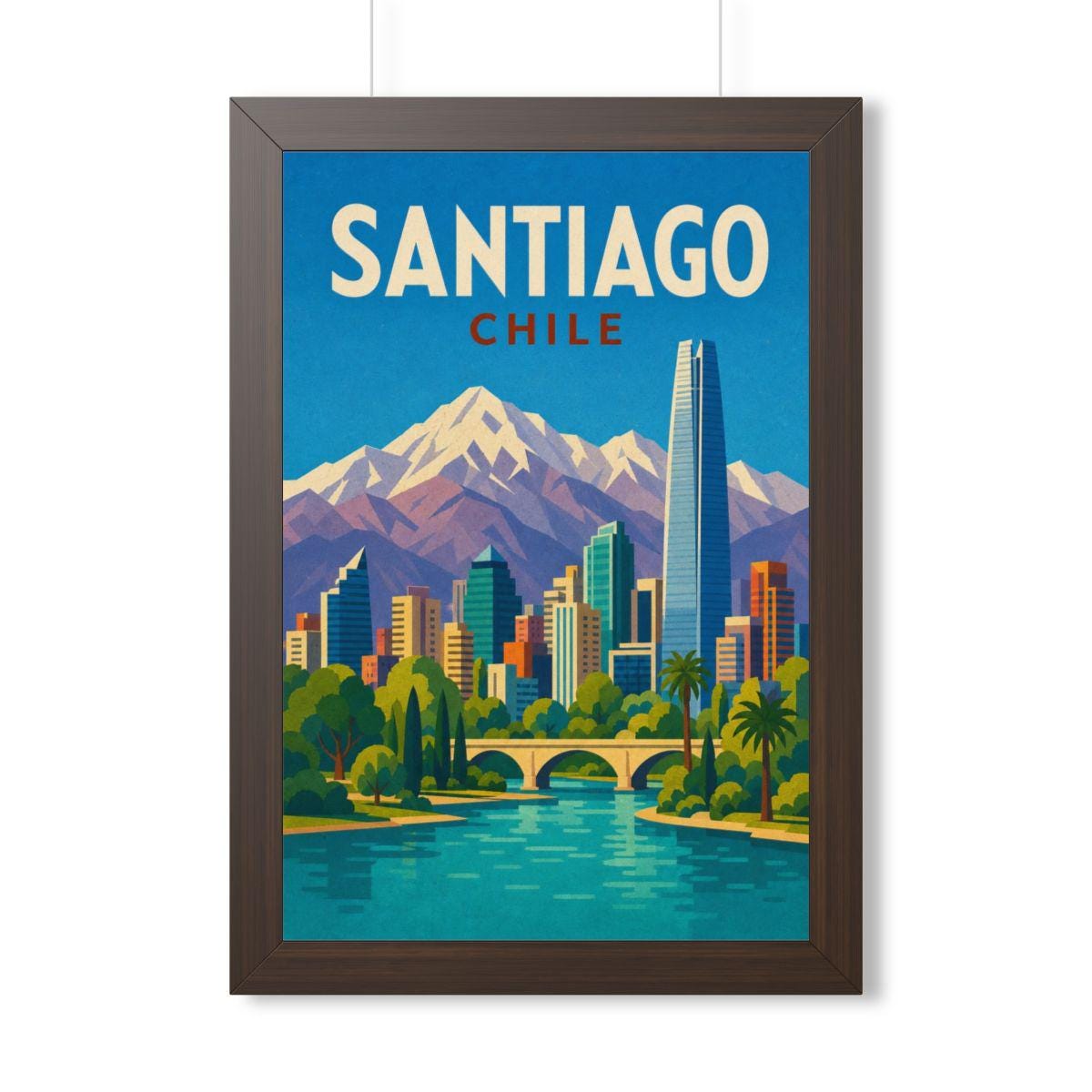 Santiago Chile Framed Poster | Vintage Travel Wall Art | Black Walnut White Frame | 16x24 20x30