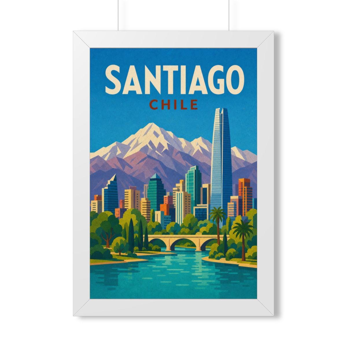 Santiago Chile Framed Poster | Vintage Travel Wall Art | Black Walnut White Frame | 16x24 20x30