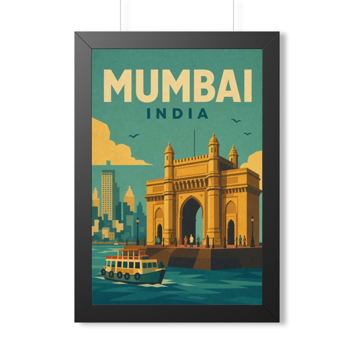 Mumbai India Framed Poster | Vintage Travel Wall Art | Black Walnut White Frame | 16x24 20x30
