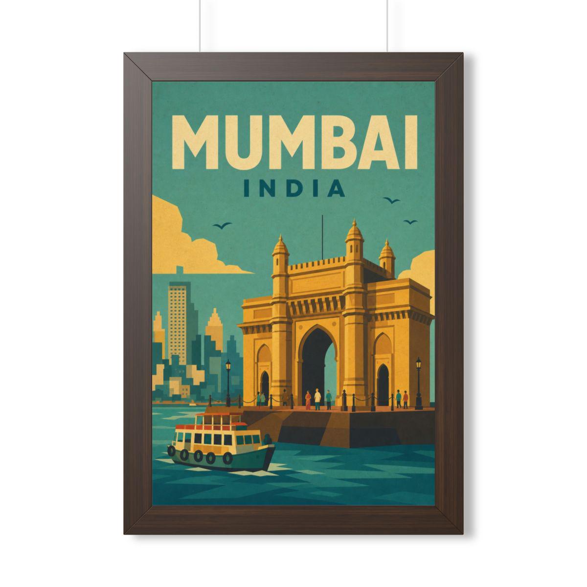 Mumbai India Framed Poster | Vintage Travel Wall Art | Black Walnut White Frame | 16x24 20x30
