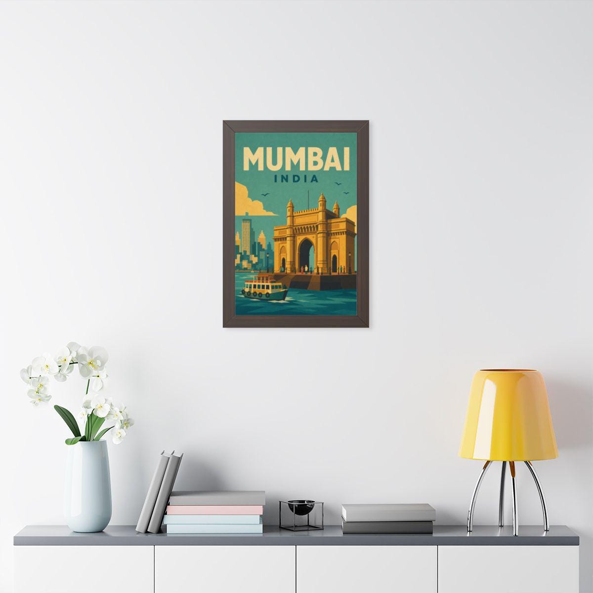 Mumbai India Framed Poster | Vintage Travel Wall Art | Black Walnut White Frame | 16x24 20x30