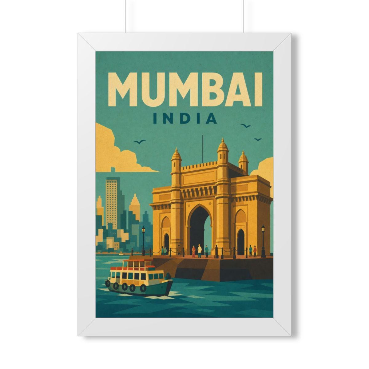 Mumbai India Framed Poster | Vintage Travel Wall Art | Black Walnut White Frame | 16x24 20x30
