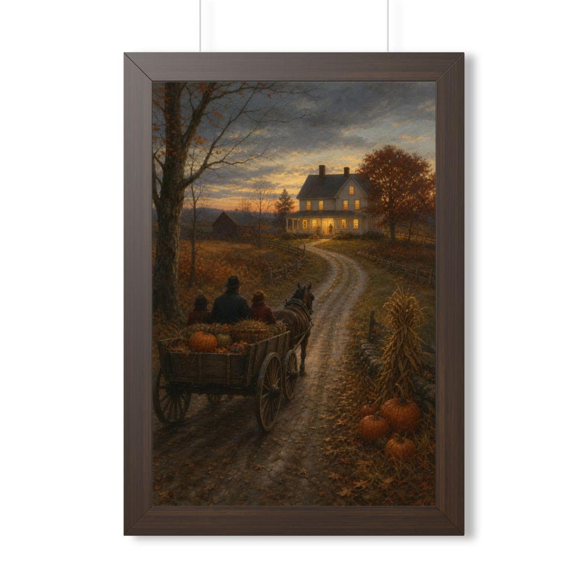 Vintage Thanksgiving Homecoming Framed Print, Horse Wagon Farmhouse Wall Art