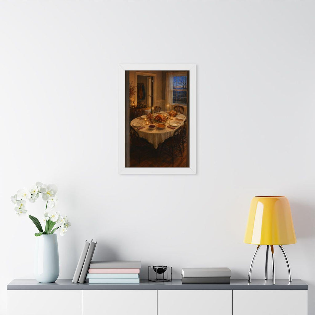 Vintage Thanksgiving Dinner Framed Print, Candlelit Table Wall Art