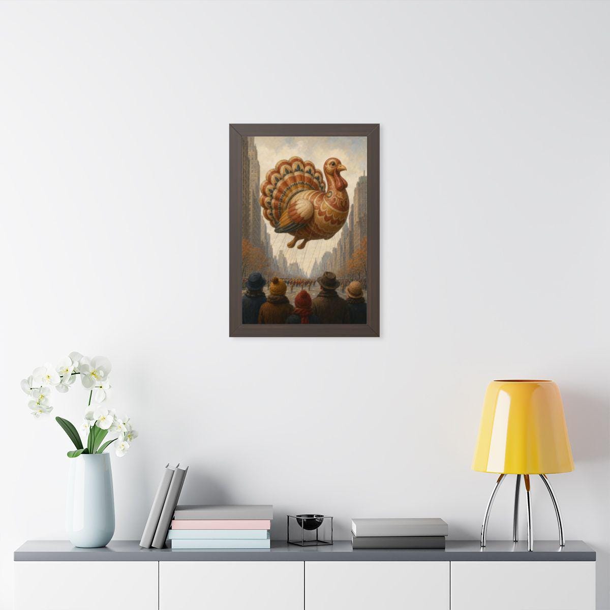 Vintage Thanksgiving Parade Framed Print, Folk Art Turkey Balloon Wall Art
