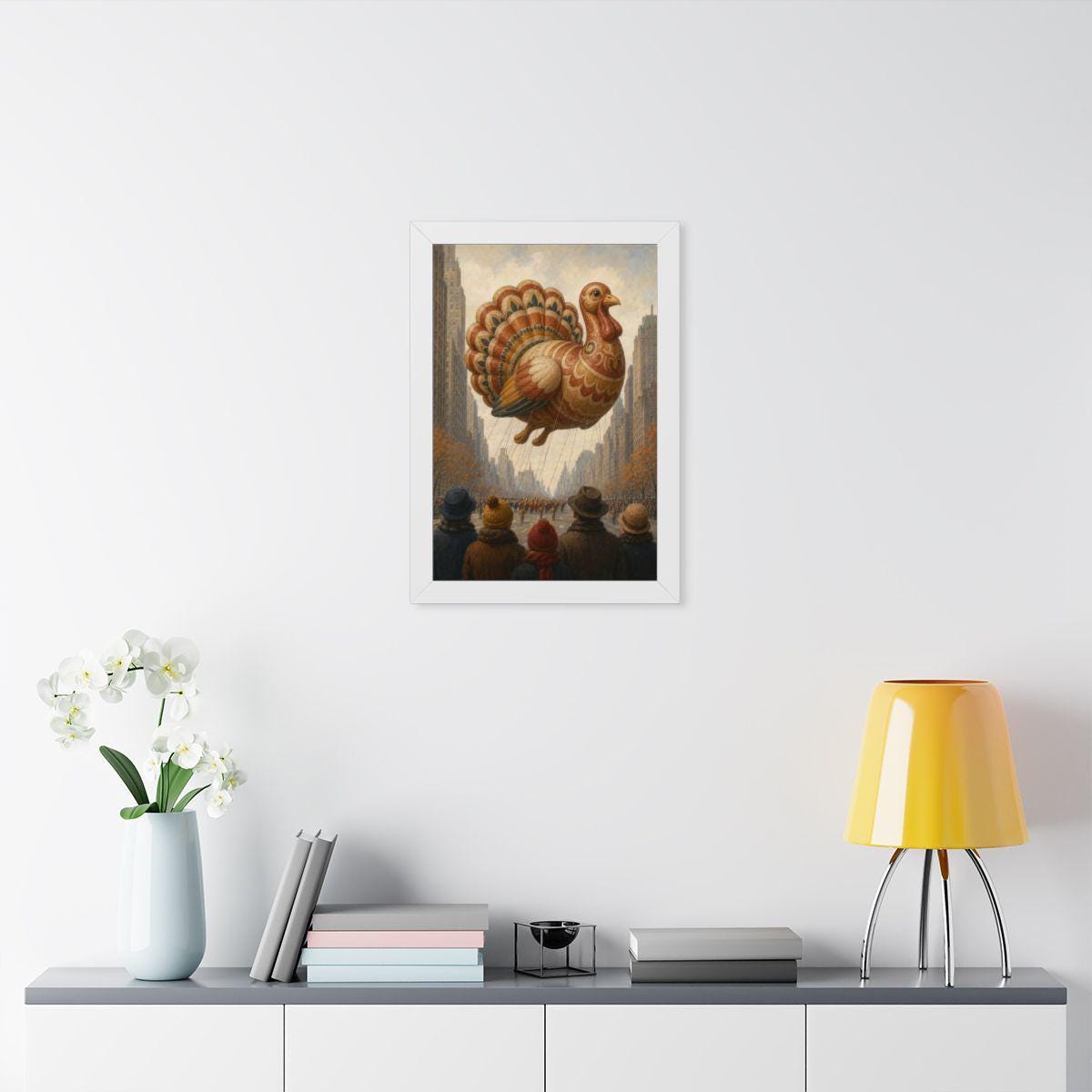 Vintage Thanksgiving Parade Framed Print, Folk Art Turkey Balloon Wall Art