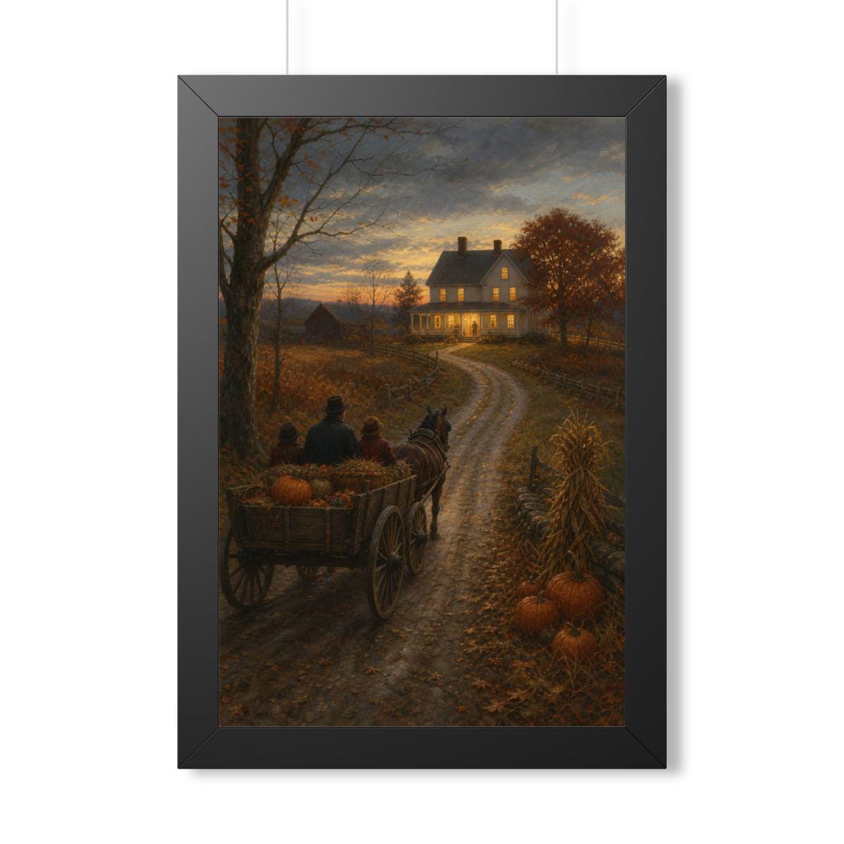 Vintage Thanksgiving Homecoming Framed Print, Horse Wagon Farmhouse Wall Art