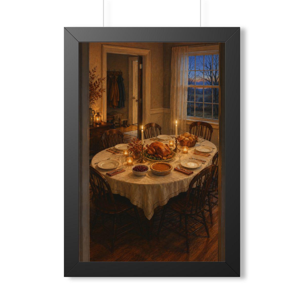 Vintage Thanksgiving Dinner Framed Print, Candlelit Table Wall Art