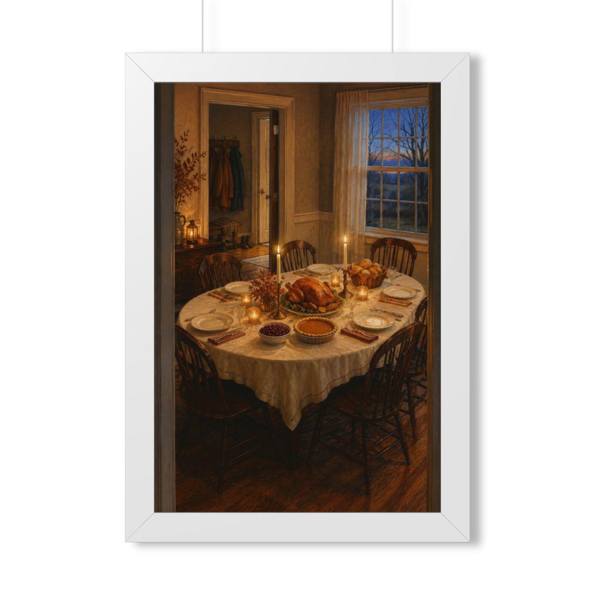 Vintage Thanksgiving Dinner Framed Print, Candlelit Table Wall Art