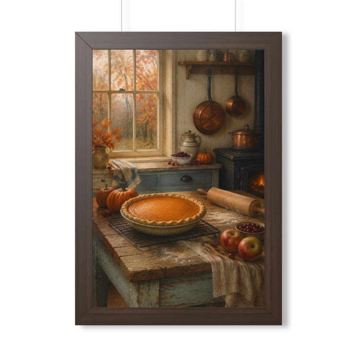 Vintage Thanksgiving Kitchen Framed Print, Pumpkin Pie Wall Art