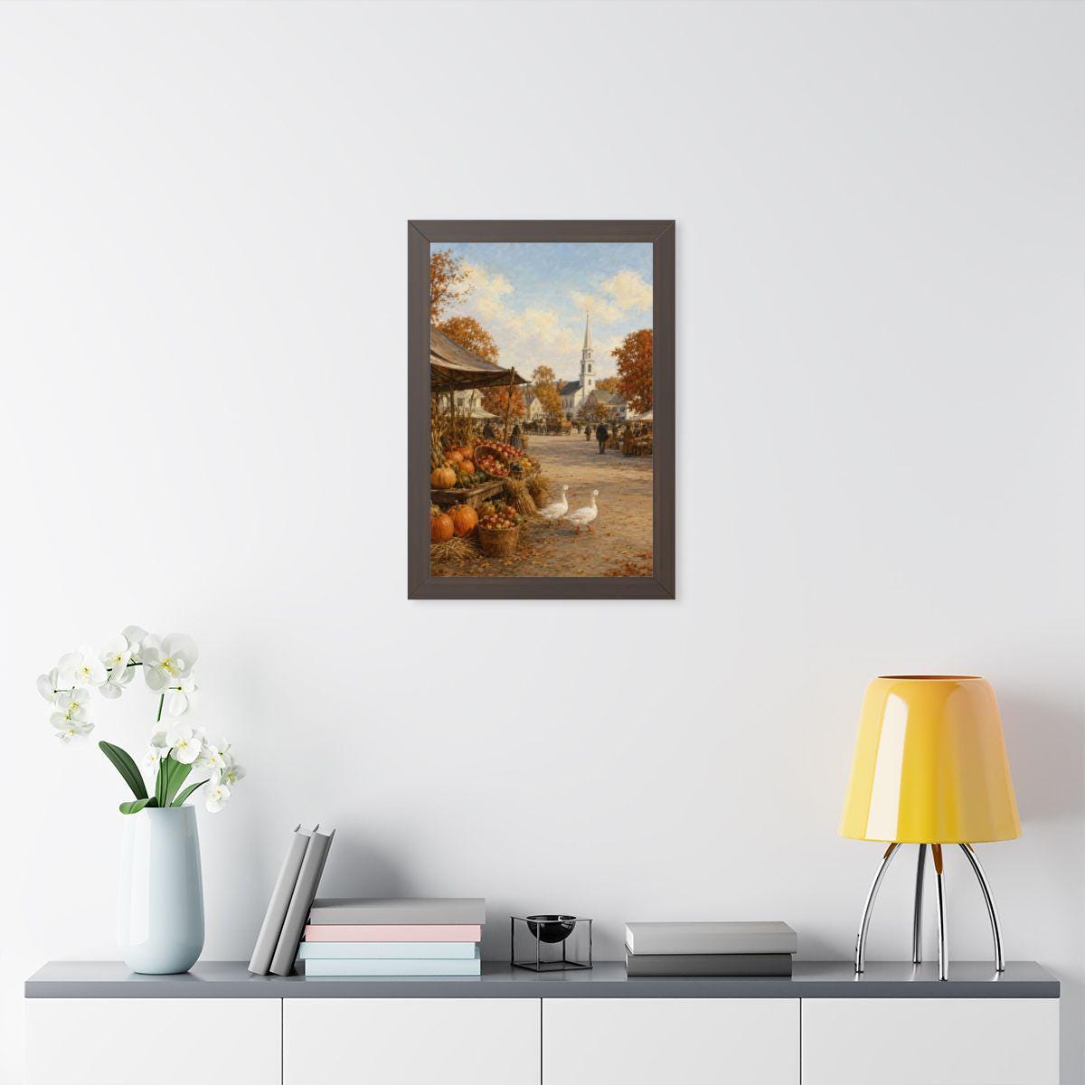 Vintage Thanksgiving Harvest Market Framed Print, New England Wall Art
