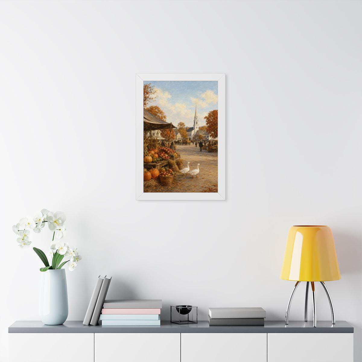 Vintage Thanksgiving Harvest Market Framed Print, New England Wall Art