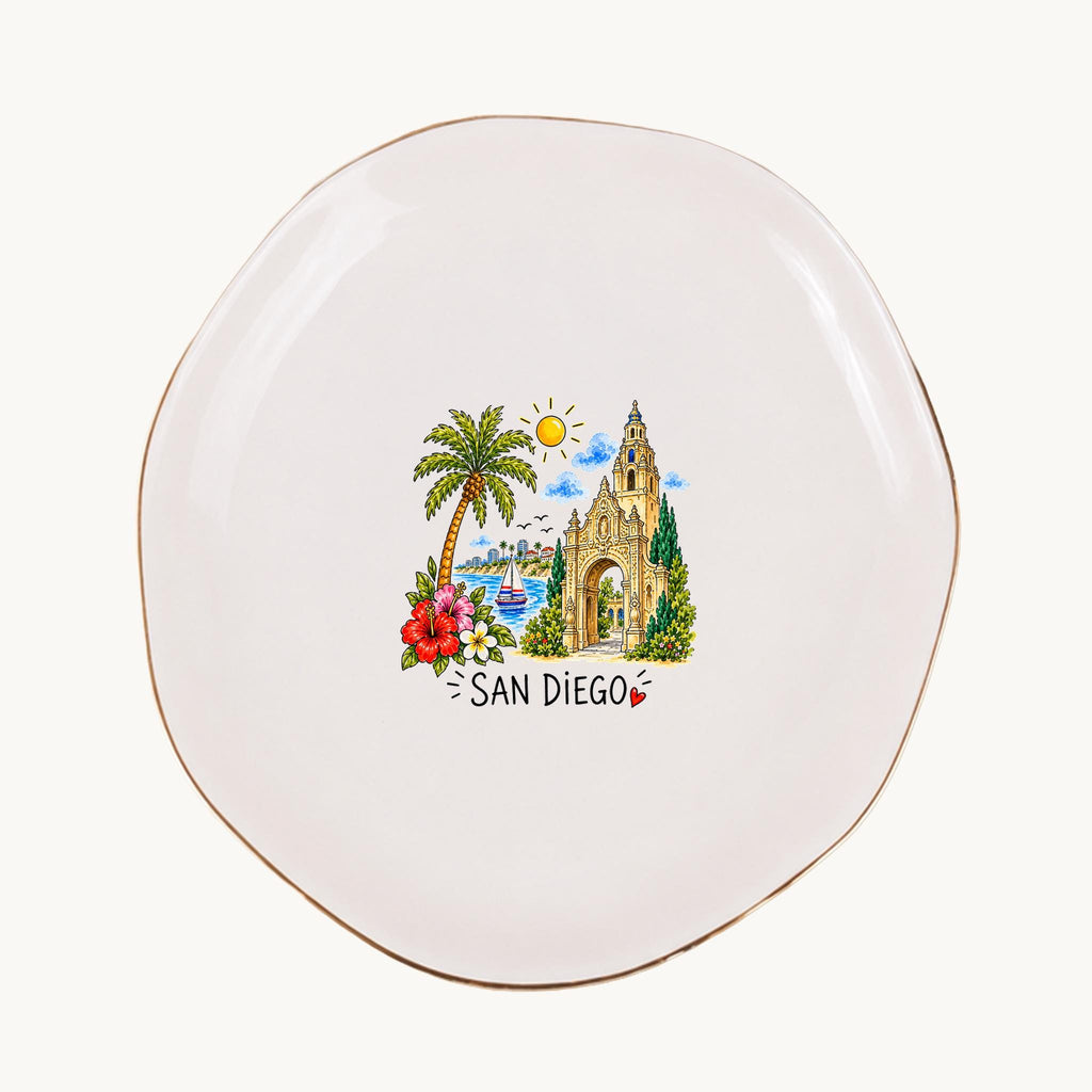 San Diego Ceramic Ring Dish, Gold Rim Trinket Tray, Jewelry Holder Gift, Five Shape Options