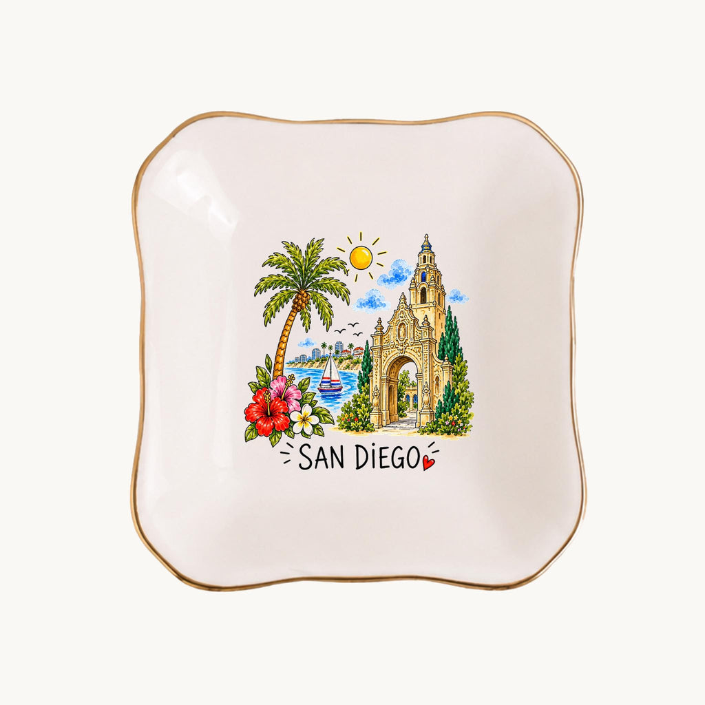 San Diego Ceramic Ring Dish, Gold Rim Trinket Tray, Jewelry Holder Gift, Five Shape Options