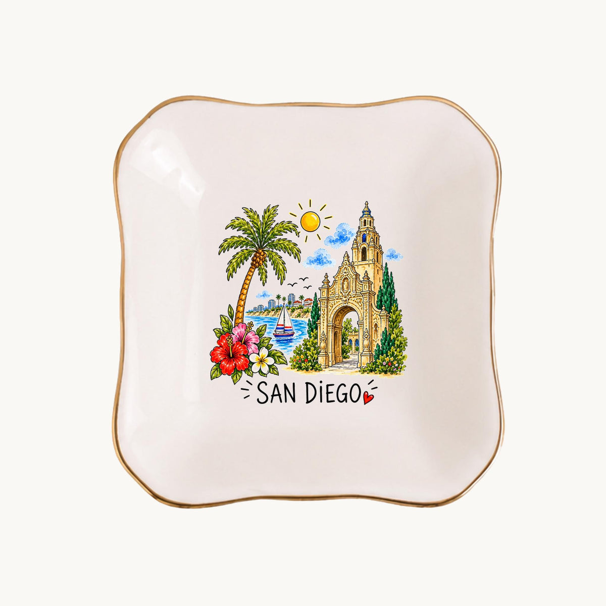San Diego Ceramic Ring Dish, Gold Rim Trinket Tray, Jewelry Holder Gift, Five Shape Options