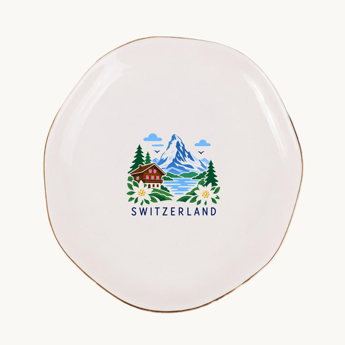 Switzerland Ceramic Ring Dish, Gold Rim Trinket Tray, Jewelry Holder Gift, Five Shape Options