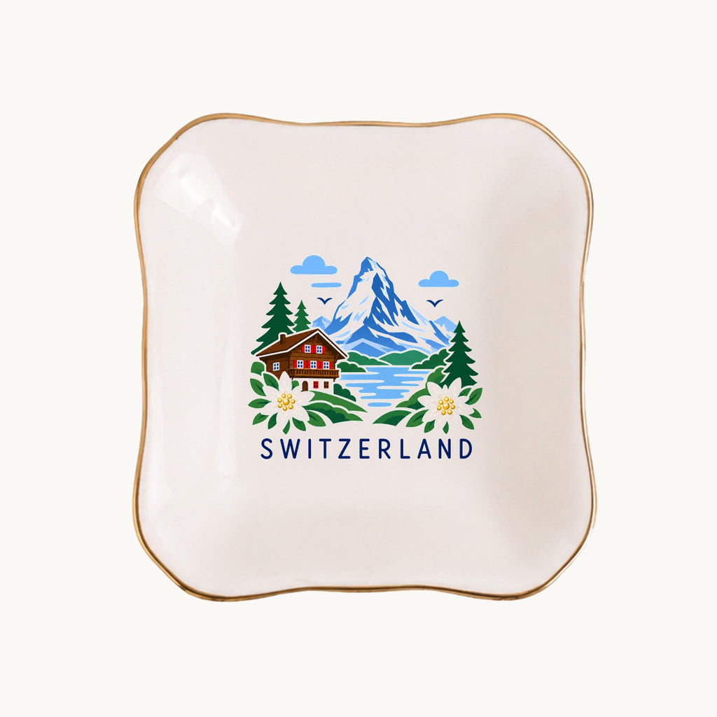 Switzerland Ceramic Ring Dish, Gold Rim Trinket Tray, Jewelry Holder Gift, Five Shape Options