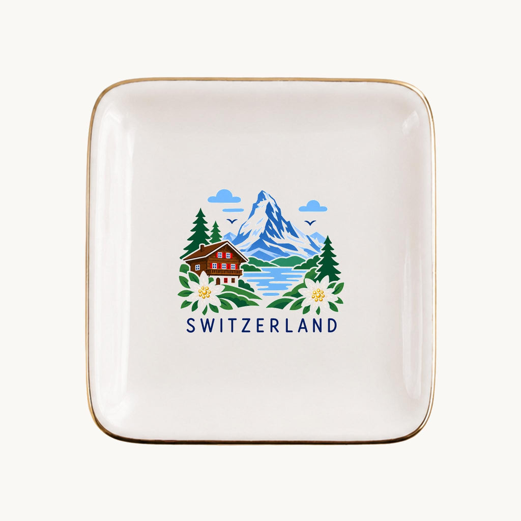 Switzerland Ceramic Ring Dish, Gold Rim Trinket Tray, Jewelry Holder Gift, Five Shape Options