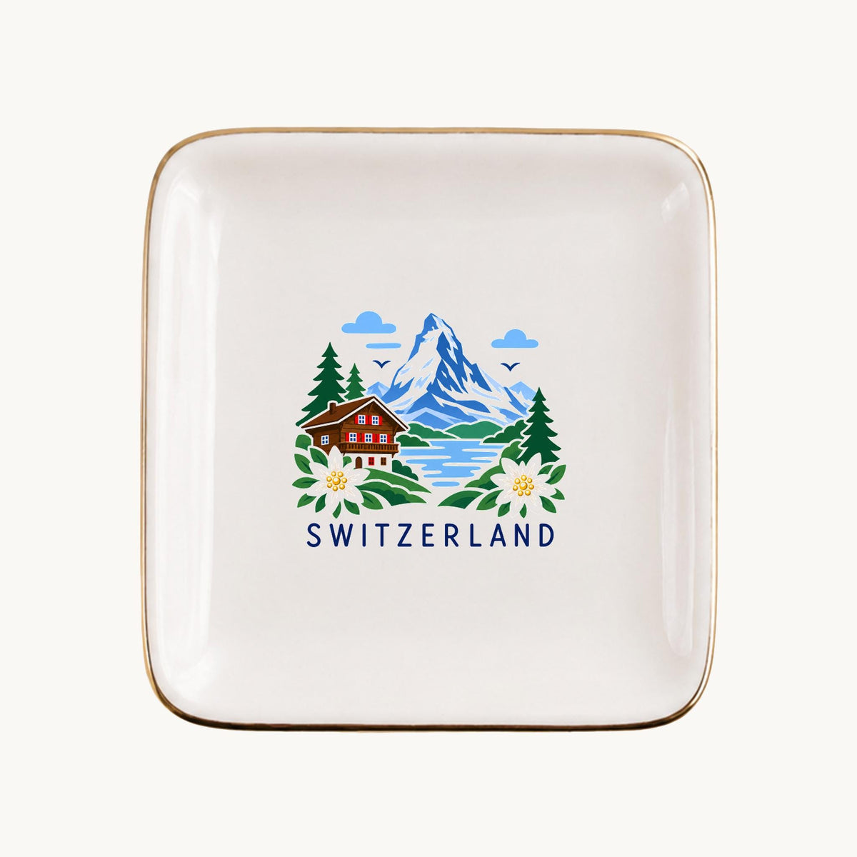 Switzerland Ceramic Ring Dish, Gold Rim Trinket Tray, Jewelry Holder Gift, Five Shape Options