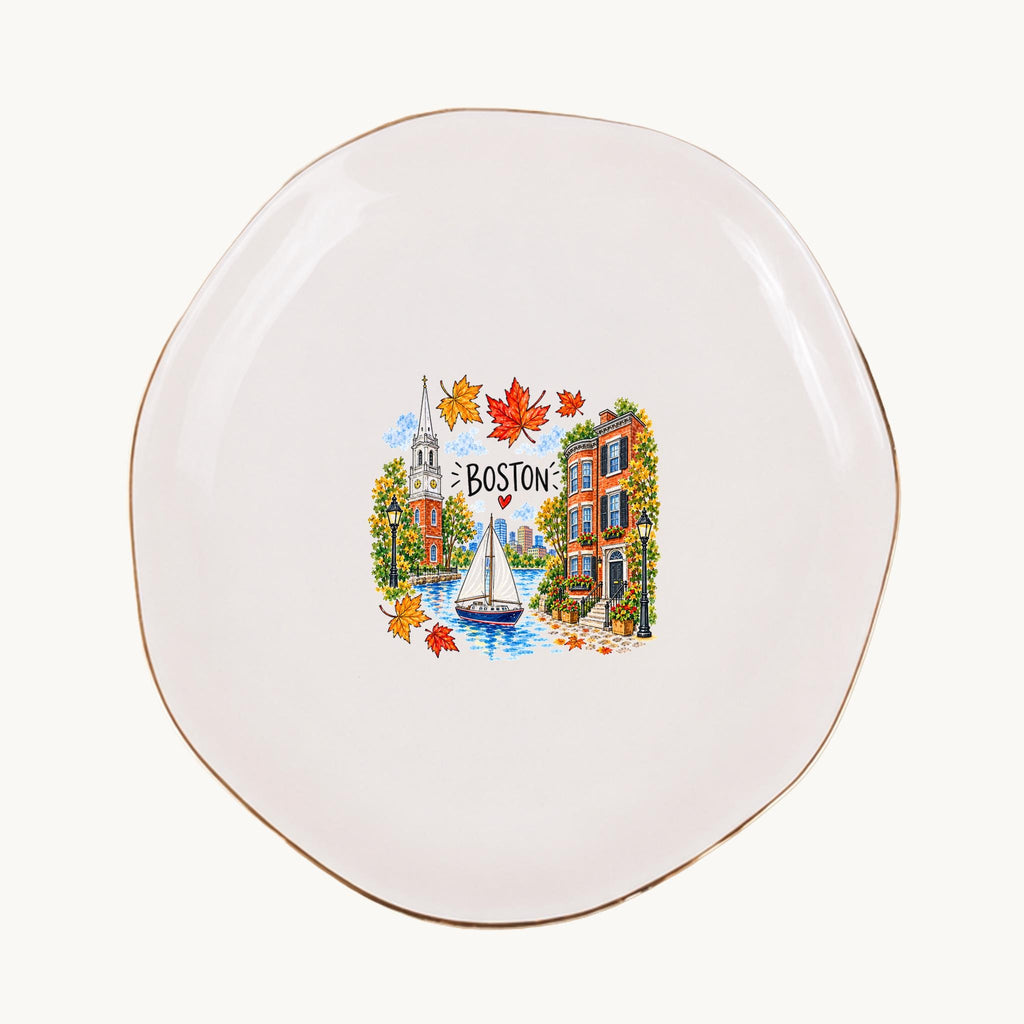 Boston Ceramic Ring Dish, Gold Rim Trinket Tray, Jewelry Holder Gift, Five Shape Options