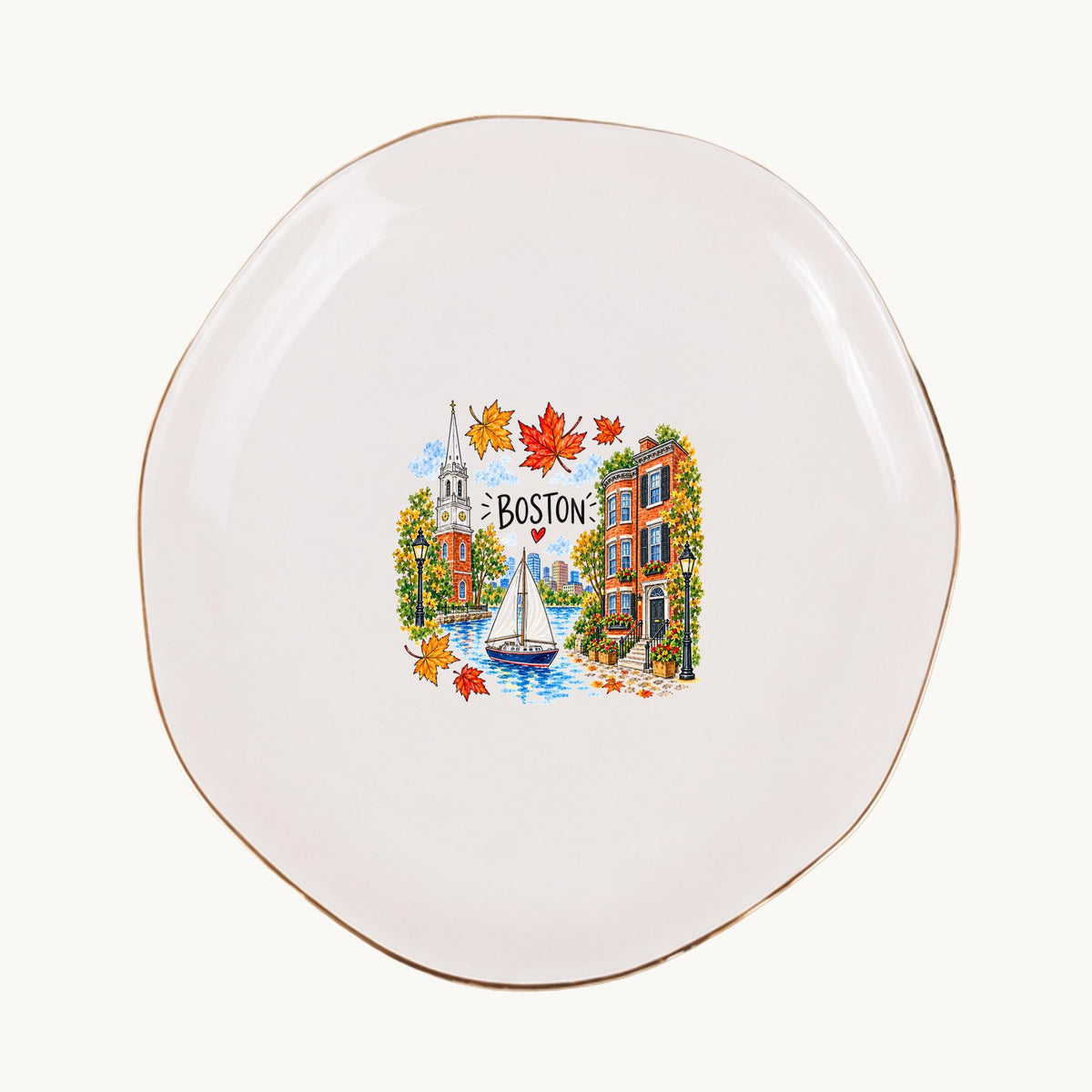 Boston Ceramic Ring Dish, Gold Rim Trinket Tray, Jewelry Holder Gift, Five Shape Options