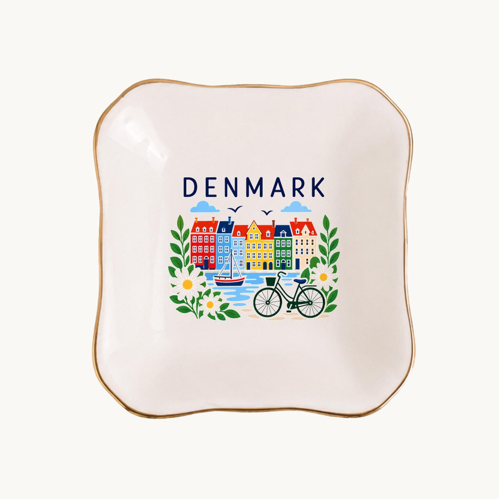 Denmark Ceramic Ring Dish, Gold Rim Trinket Tray, Jewelry Holder Gift, Five Shape Options
