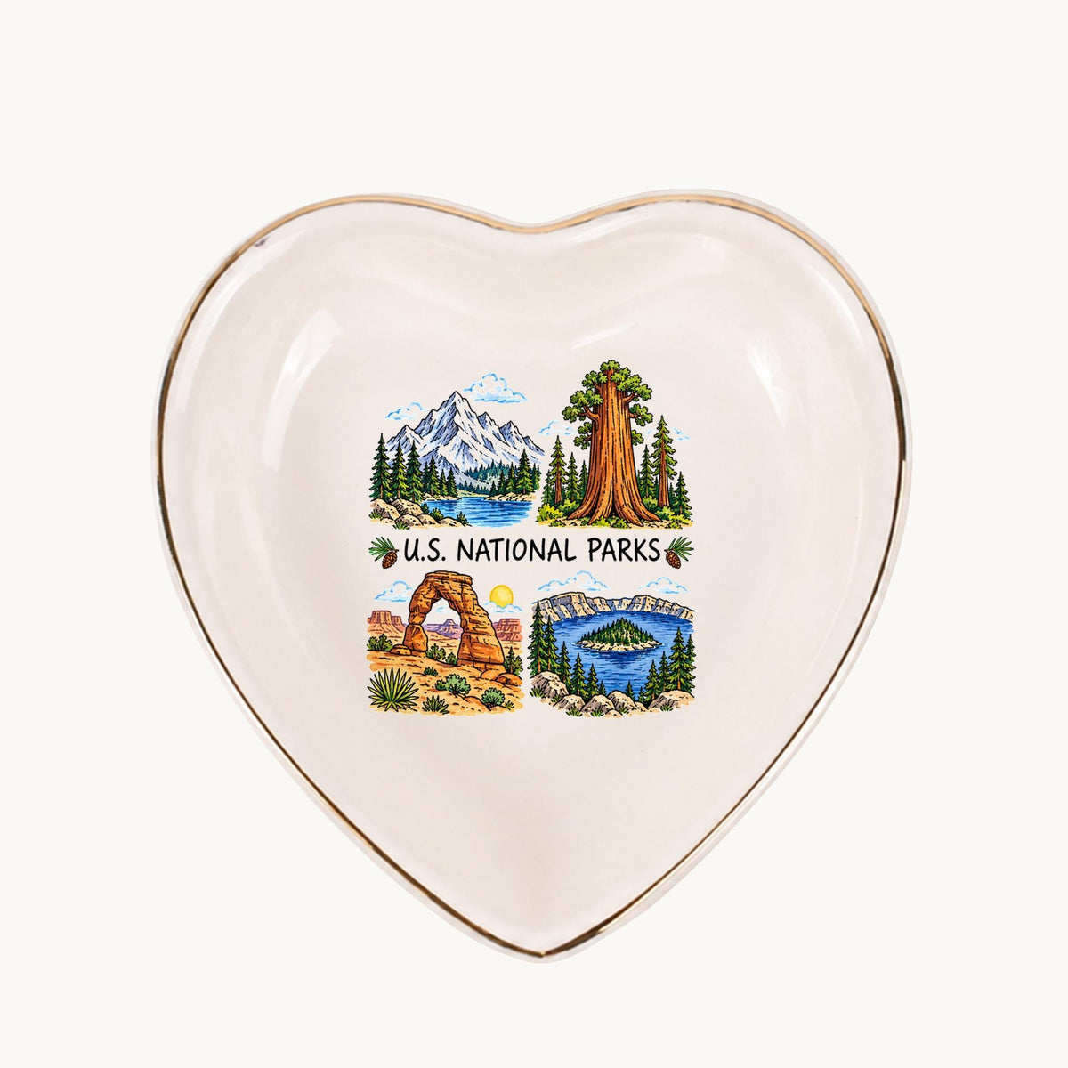 U.S. National Parks Ceramic Ring Dish, Gold Rim Trinket Tray, Jewelry Holder Gift, Five Shape Options