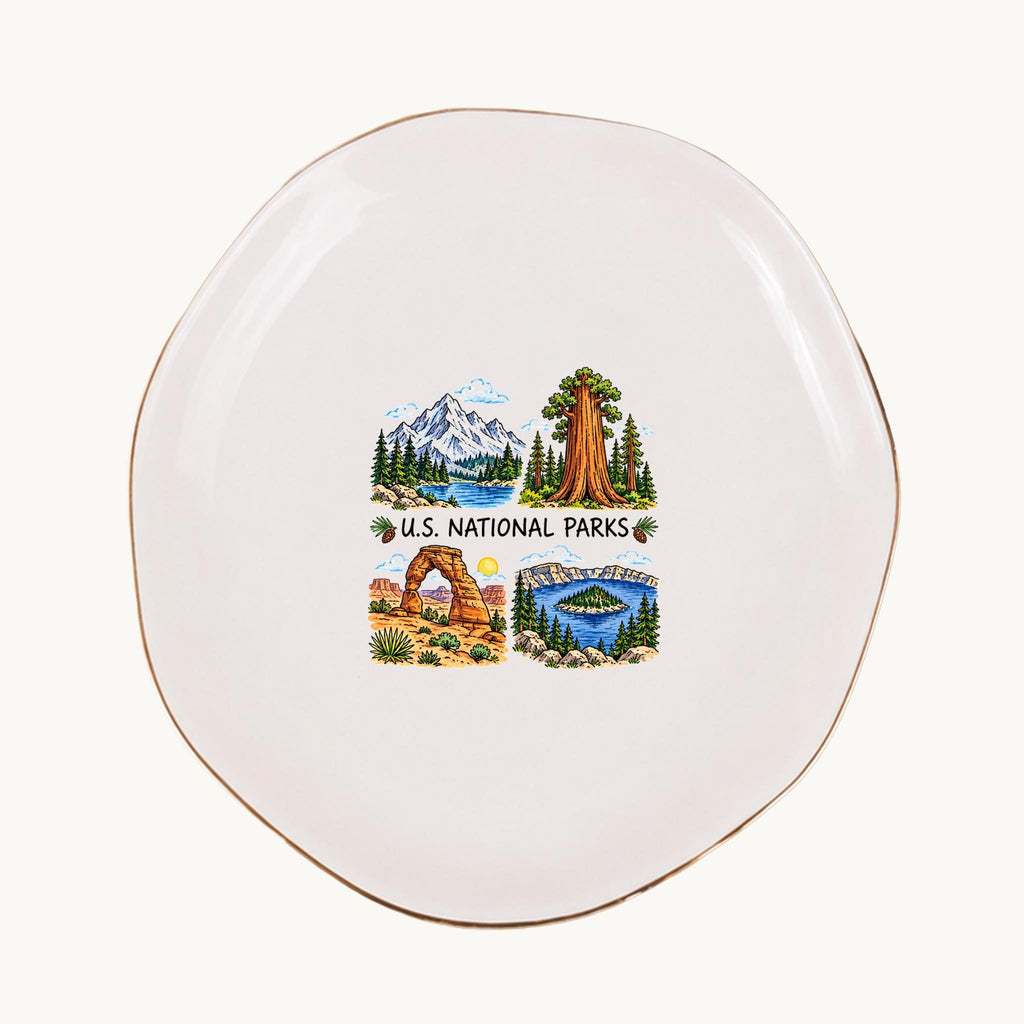 U.S. National Parks Ceramic Ring Dish, Gold Rim Trinket Tray, Jewelry Holder Gift, Five Shape Options